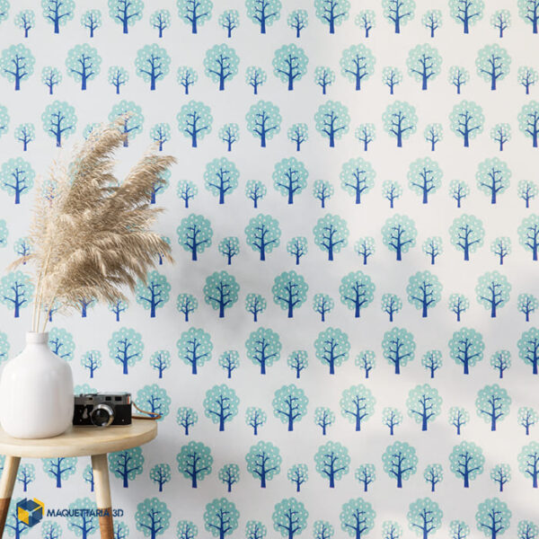 Papel de Parede naiif vintage decorated tree blue - Imagem 2