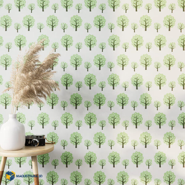 Papel de Parede naiif vintage decorated tree green - Imagem 2