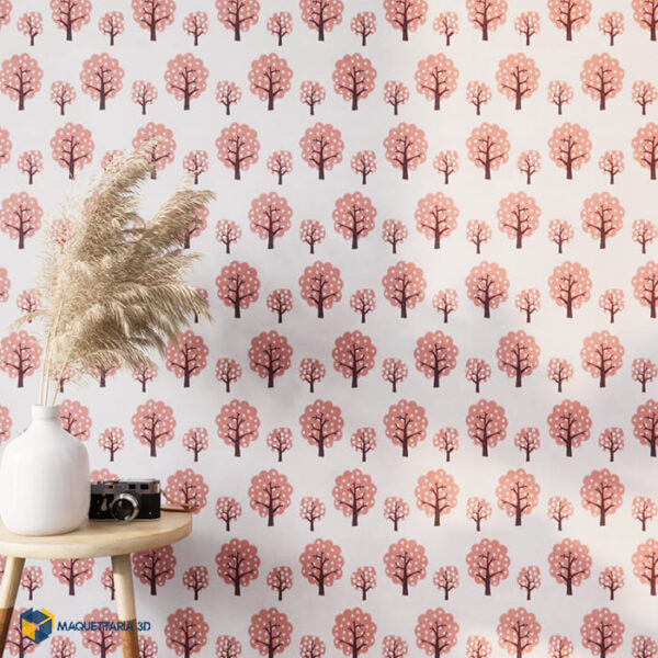 Papel de Parede naiif vintage decorated tree red - Imagem 2